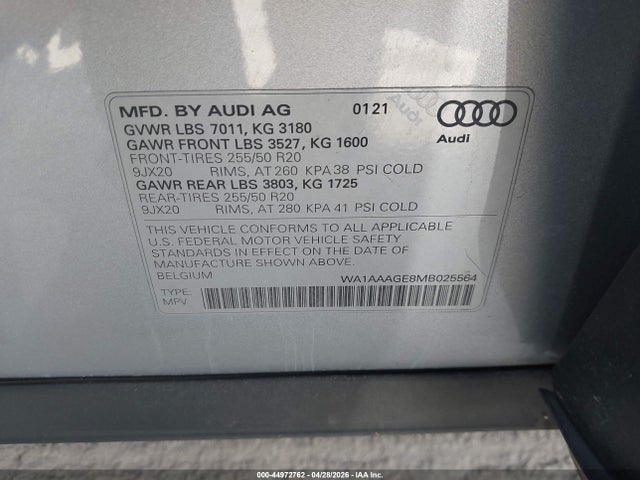 2021 Audi E-tron Premium Quattro მანქანა იყიდება აუქციონზე, vin: WA1AAAGE8MB025564, აუქციონის ნომერი: 44972762
