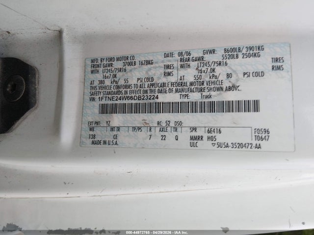 Продаж на аукціоні авто 2006 Ford E-250 Commercial/recreational, vin: 1FTNE24W66DB23224, номер лоту: 44972765