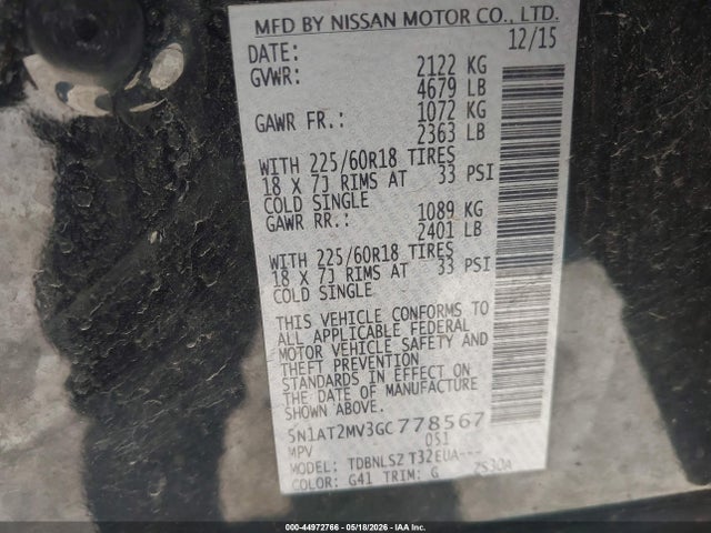 44972766 :رقم المزاد ، 5N1AT2MV3GC778567 vin ، 2016 Nissan Rogue Sl مزاد بيع