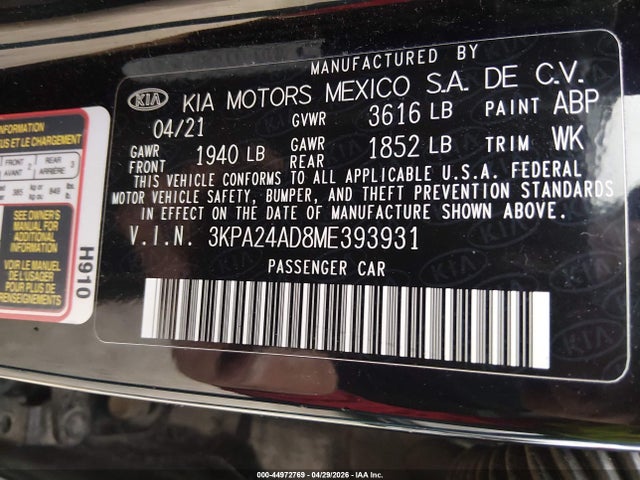 Продажа на аукционе авто 2021 Kia Rio Lx, vin: 3KPA24AD8ME393931, номер лота: 44972769