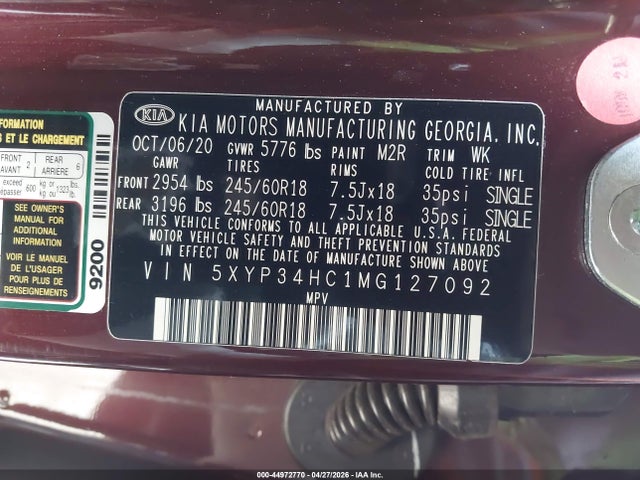 Aukcja sprzedaży 2021 Kia Telluride Ex, vin: 5XYP34HC1MG127092, numer aukcji: 44972770