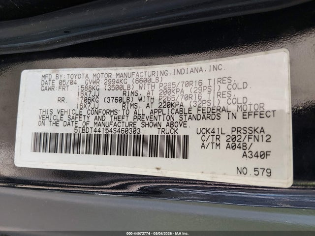 Продаж на аукціоні авто 2004 Toyota Tundra Sr5 V8, vin: 5TBDT44154S460303, номер лоту: 44972774