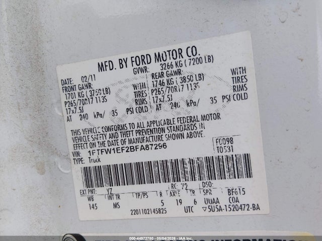 2011 Ford F-150 Xlt მანქანა იყიდება აუქციონზე, vin: 1FTFW1EF2BFA87296, აუქციონის ნომერი: 44972780