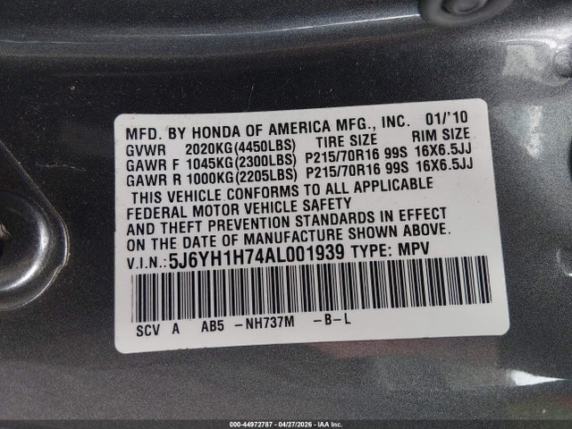 Продажа на аукционе авто 2010 Honda Element Ex, vin: 5J6YH1H74AL001939, номер лота: 44972787