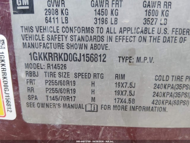 1GKKRRKD0GJ156812 GMC Acadia Slt-1