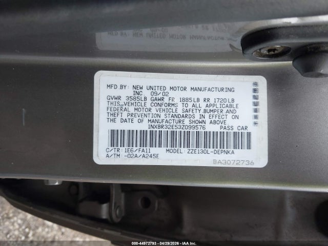 44972793 :رقم المزاد ، 1NXBR32E53Z099576 vin ، 2003 Toyota Corolla Le مزاد بيع