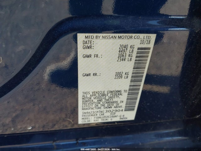 44972805 :رقم المزاد ، 1N4AZ1CP7KC302904 vin ، 2019 Nissan Leaf Sl مزاد بيع