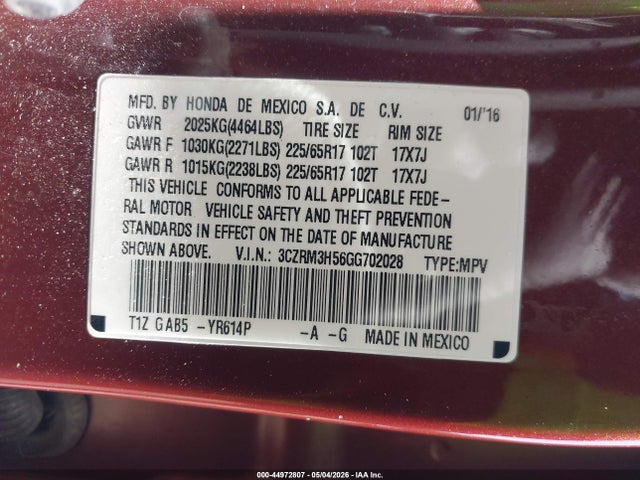 Auction sale of the 2016 Honda Cr-v Ex, vin: 3CZRM3H56GG702028, lot number: 44972807