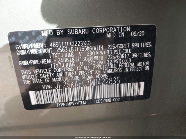 Aukcja sprzedaży 2021 Subaru Forester Premium, vin: JF2SKAFC7MH422835, numer aukcji: 44972810