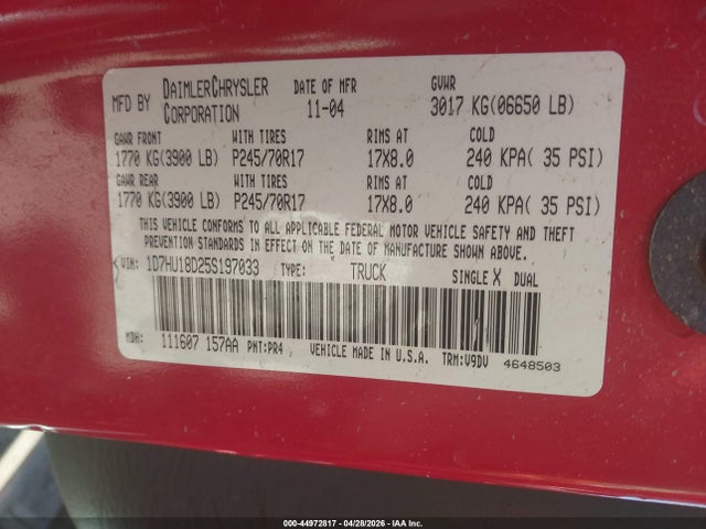 44972817 :رقم المزاد ، 1D7HU18D25S197033 vin ، 2005 Dodge Ram 1500 Slt/laramie مزاد بيع