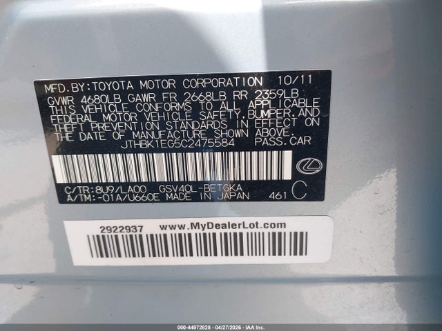 44972828 :رقم المزاد ، JTHBK1EG5C2475584 vin ، 2012 Lexus Es 350 مزاد بيع