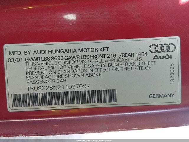 Продажа на аукционе авто 2001 Audi Tt, vin: TRUSX28N211037097, номер лота: 44972831