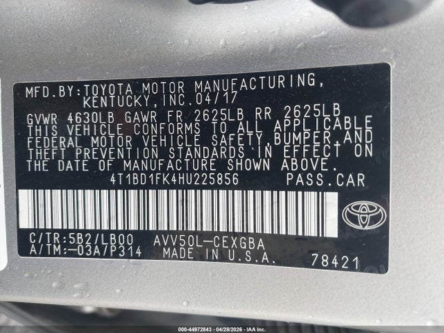 2017 Toyota Camry Hybrid Xle მანქანა იყიდება აუქციონზე, vin: 4T1BD1FK4HU225856, აუქციონის ნომერი: 44972843