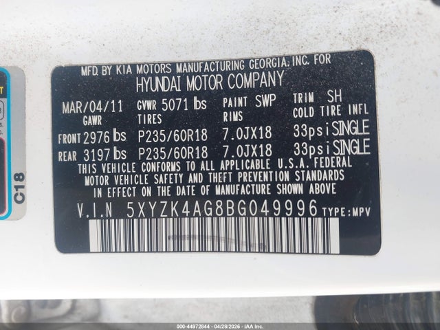 Aukcja sprzedaży 2011 Hyundai Santa Fe Limited V6, vin: 5XYZK4AG8BG049996, numer aukcji: 44972844