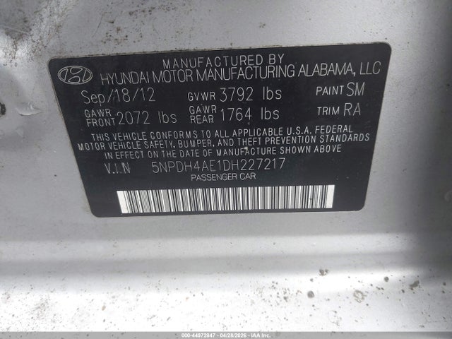 Aukcja sprzedaży 2013 Hyundai Elantra Gls, vin: 5NPDH4AE1DH227217, numer aukcji: 44972847