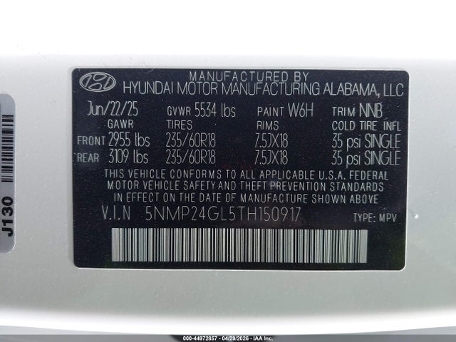 Aukcja sprzedaży 2026 Hyundai Santa Fe Sel, vin: 5NMP24GL5TH150917, numer aukcji: 44972857
