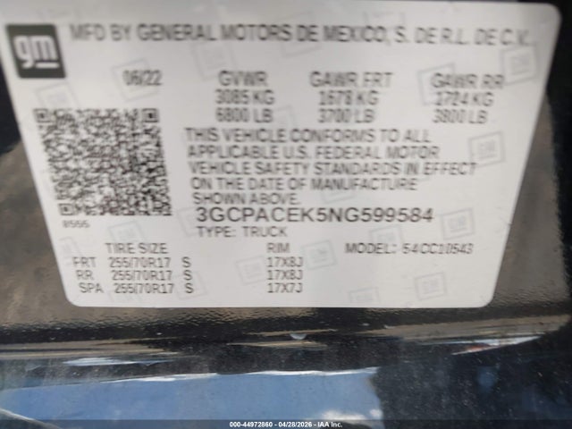 2022 Chevrolet Silverado 1500 2wd  Short Bed Lt მანქანა იყიდება აუქციონზე, vin: 3GCPACEK5NG599584, აუქციონის ნომერი: 44972860