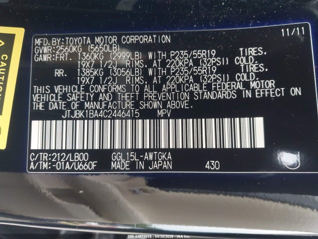 Aukcja sprzedaży 2012 Lexus Rx 350, vin: JTJBK1BA4C2446415, numer aukcji: 44972889