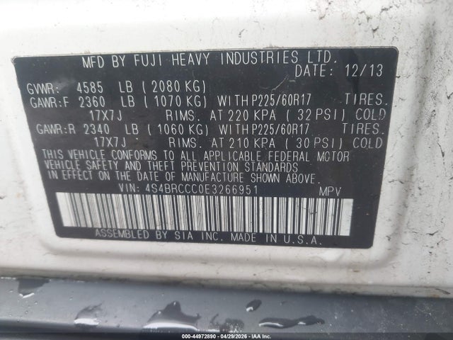 44972890 :رقم المزاد ، 4S4BRCCC0E3266951 vin ، 2014 Subaru Outback 2.5i Premium مزاد بيع