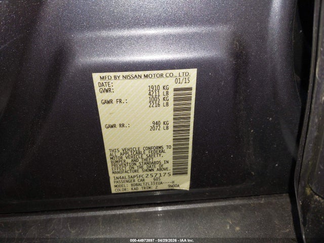 2015 Nissan Altima 2.5 Sl მანქანა იყიდება აუქციონზე, vin: 1N4AL3AP5FC257175, აუქციონის ნომერი: 44972897