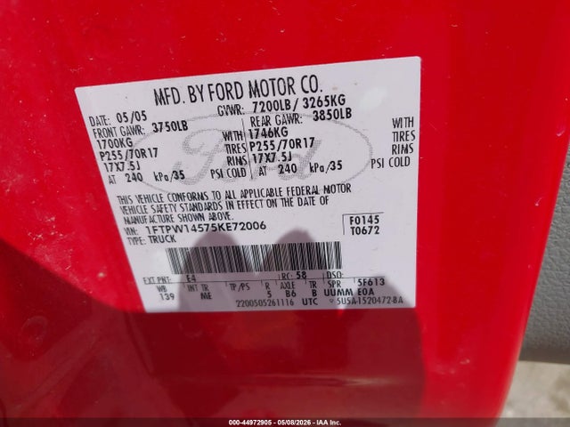 2005 Ford F-150 Fx4/lariat/xlt მანქანა იყიდება აუქციონზე, vin: 1FTPW14575KE72006, აუქციონის ნომერი: 44972905