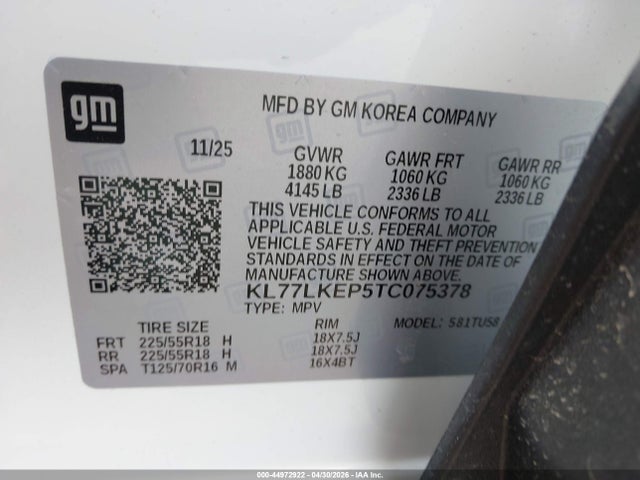 Aukcja sprzedaży 2026 Chevrolet Trax Fwd Activ, vin: KL77LKEP5TC075378, numer aukcji: 44972922