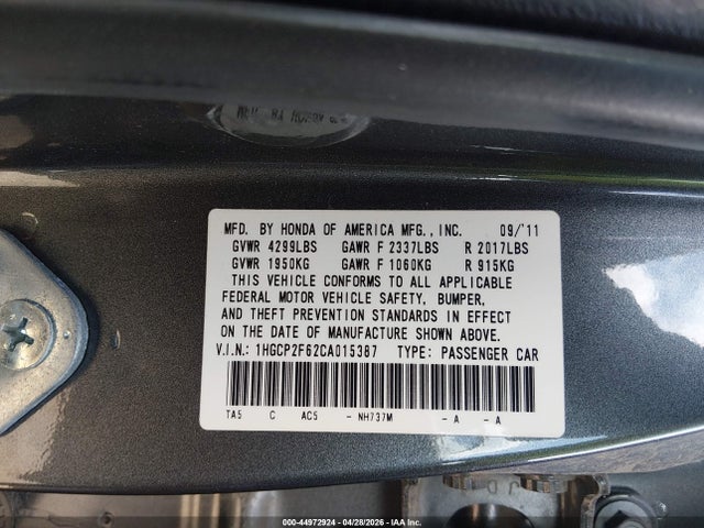 44972924 :رقم المزاد ، 1HGCP2F62CA015387 vin ، 2012 Honda Accord 2.4 Se مزاد بيع