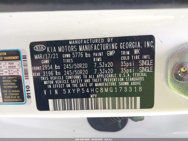 Aukcja sprzedaży 2021 Kia Telluride Sx, vin: 5XYP54HC8MG173318, numer aukcji: 44972925