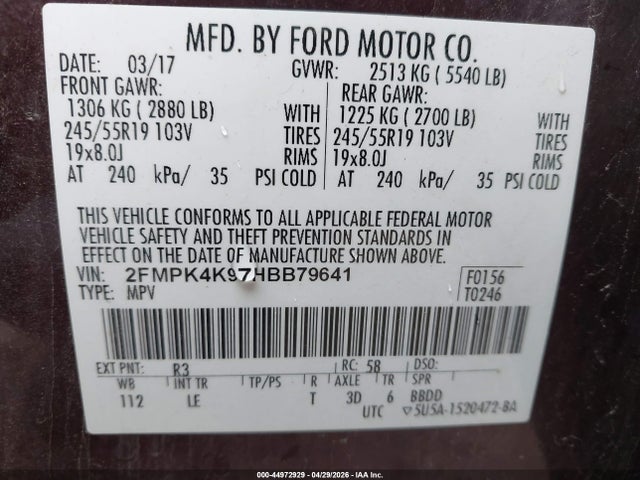 2017 Ford Edge Titanium მანქანა იყიდება აუქციონზე, vin: 2FMPK4K97HBB79641, აუქციონის ნომერი: 44972929
