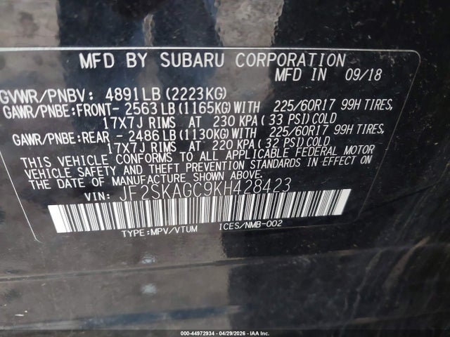 2019 Subaru Forester Premium მანქანა იყიდება აუქციონზე, vin: JF2SKAGC9KH428423, აუქციონის ნომერი: 44972934