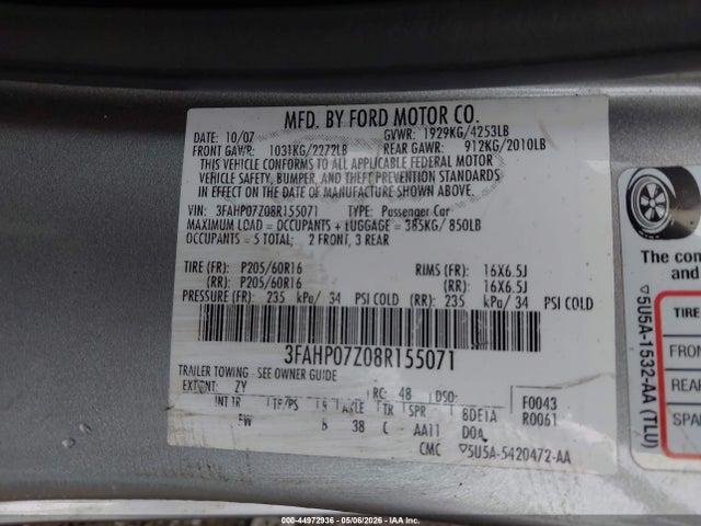 Aukcja sprzedaży 2008 Ford Fusion Se, vin: 3FAHP07Z08R155071, numer aukcji: 44972936
