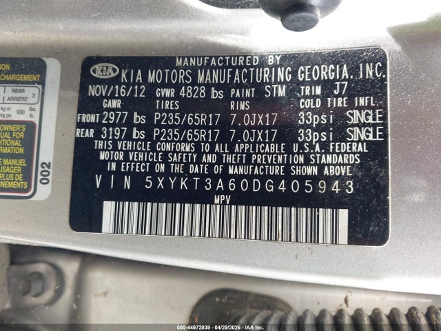 44972939 :رقم المزاد ، 5XYKT3A60DG405943 vin ، 2013 Kia Sorento Lx مزاد بيع