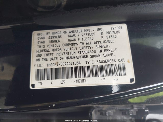 Aukcja sprzedaży 2010 Honda Accord 2.4 Lx, vin: 1HGCP2F39AA071054, numer aukcji: 44972943
