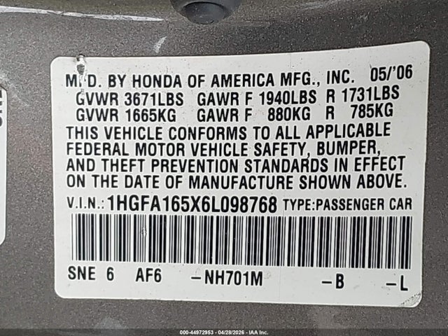 Продаж на аукціоні авто 2006 Honda Civic Lx, vin: 1HGFA165X6L098768, номер лоту: 44972953