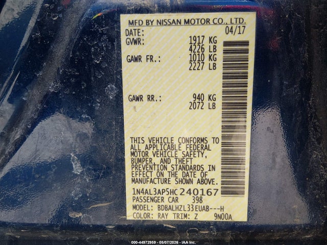 2017 Nissan Altima 2.5 Sr მანქანა იყიდება აუქციონზე, vin: 1N4AL3AP5HC240167, აუქციონის ნომერი: 44972959