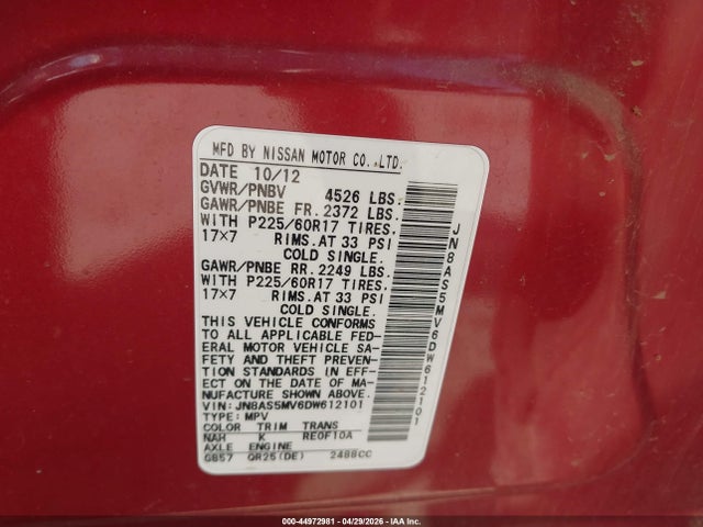 44972981 :رقم المزاد ، JN8AS5MV6DW612101 vin ، 2013 Nissan Rogue Sv مزاد بيع