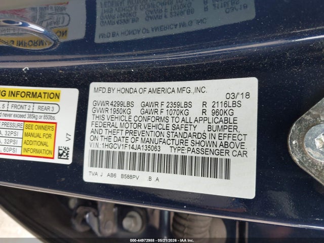 Aukcja sprzedaży 2018 Honda Accord Lx, vin: 1HGCV1F14JA135063, numer aukcji: 44972988