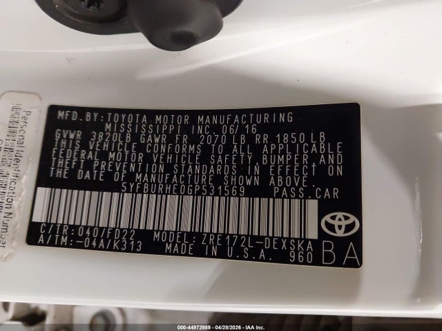 Aukcja sprzedaży 2016 Toyota Corolla S Plus, vin: 5YFBURHE0GP531569, numer aukcji: 44972989