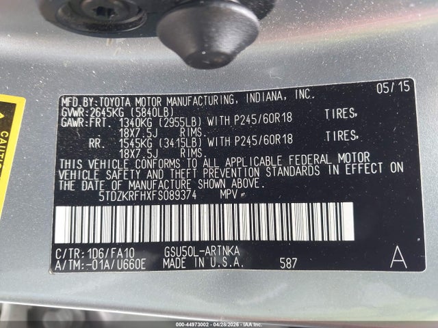 Aukcja sprzedaży 2015 Toyota Highlander Le Plus V6, vin: 5TDZKRFHXFS089374, numer aukcji: 44973002
