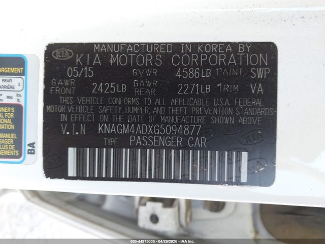 Aukcja sprzedaży 2016 Kia Optima Hybrid, vin: KNAGM4ADXG5094877, numer aukcji: 44973005