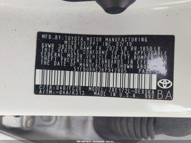 Продажа на аукционе авто 2019 Toyota Corolla Se, vin: 5YFBURHE2KP942805, номер лота: 44973017