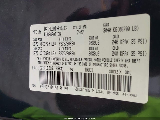 Продаж на аукціоні авто 2008 Dodge Ram 1500 Slt, vin: 1D7HA18218J103841, номер лоту: 44973021