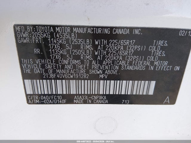 2012 Toyota Rav4 მანქანა იყიდება აუქციონზე, vin: 2T3BF4DV6CW191282, აუქციონის ნომერი: 44973022