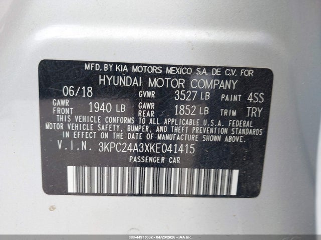 2019 Hyundai Accent Sel მანქანა იყიდება აუქციონზე, vin: 3KPC24A3XKE041415, აუქციონის ნომერი: 44973032