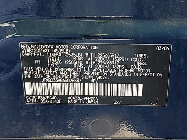 44973051 :رقم المزاد ، JTMBD33V865026847 vin ، 2006 Toyota Rav4 مزاد بيع