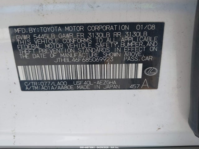 Продажа на аукционе авто 2008 Lexus Ls 460, vin: JTHBL46F685069923, номер лота: 44973061