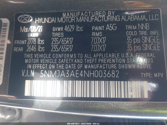 44973071 :رقم المزاد ، 5NMJA3AE4NH003682 vin ، 2022 Hyundai Tucson Se مزاد بيع