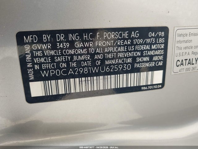 Продаж на аукціоні авто 1998 Porsche Boxster, vin: WP0CA2981WU625930, номер лоту: 44973077