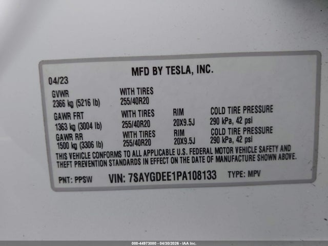 Продаж на аукціоні авто 2023 Tesla Model Y Awd/long Range Dual Motor All-wheel Drive, vin: 7SAYGDEE1PA108133, номер лоту: 44973080