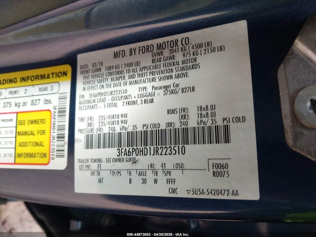 Продаж на аукціоні авто 2018 Ford Fusion Se, vin: 3FA6P0HD1JR223510, номер лоту: 44973083